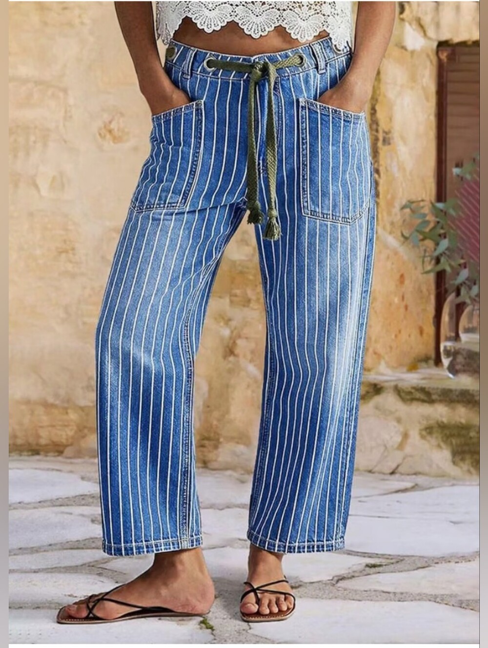 Flamingals High Waist Barrel Leg Pinstripe Drawstring Jeans NWT Large
